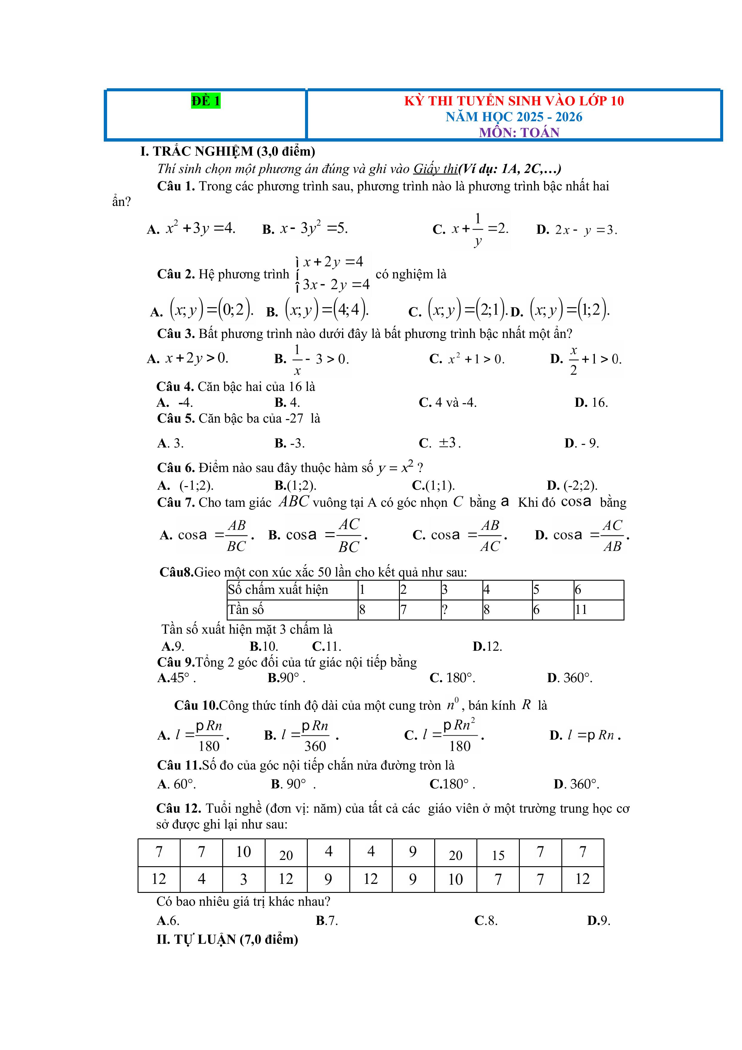 ĐỀ ÔN TUYỂN SINH VÀO 10 MÔN TOÁN